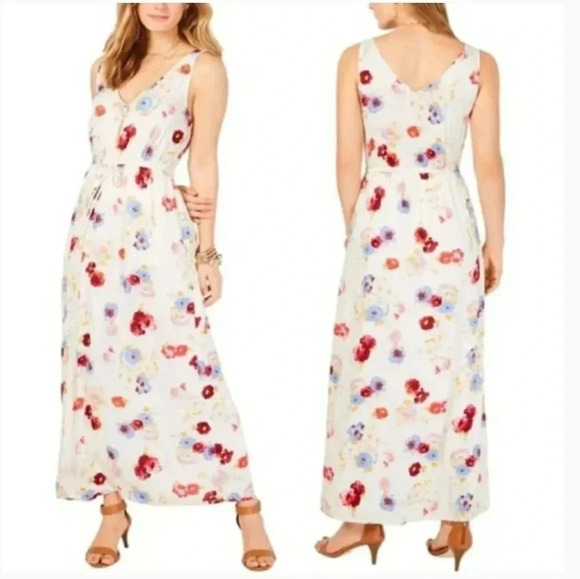 Lucky Brand Ivory Floral Tie Waist Sleeveless V-Neck Maxi Flowy Dress sz XL - Picture 1 of 11
